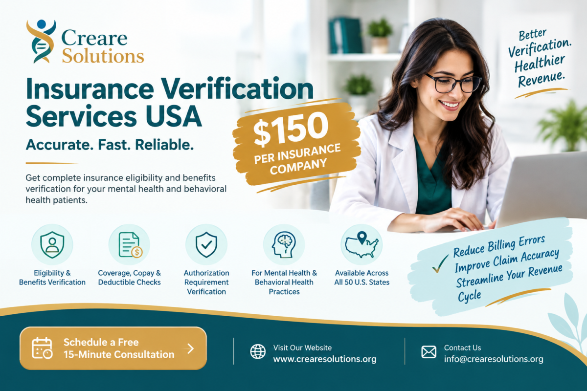 Insurance Verification Services USA – $150 Per Insurance Company | Creare Solutions 1 Teal Healthcare Insurance Verification Banner