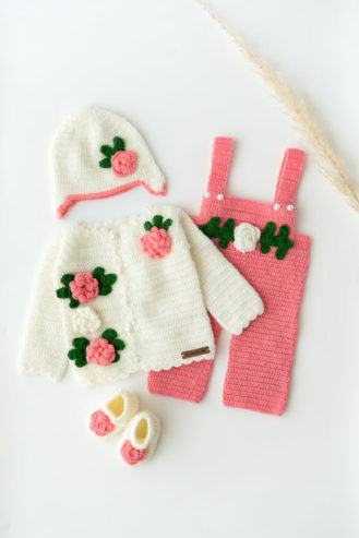 Kids Handmade Rabbit Embellished Sweater Set- Pink & White