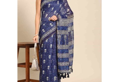 Noor-Blue-Cotton-Block-Printed-One-Minute-Saree