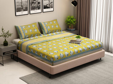 120-TC-Floral-Screen-Print-Pure-Cotton-Double-Bed-Sheet-King-Size-with-Pillow-Cover-Yellow-and-Blue