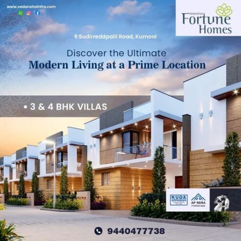 Luxuriate in Style: Vedansha’s Fortune Homes 3BHK and 4BHK Duplex Villas with Home Theater Near Sudireddy Palli Road, Kurnool.