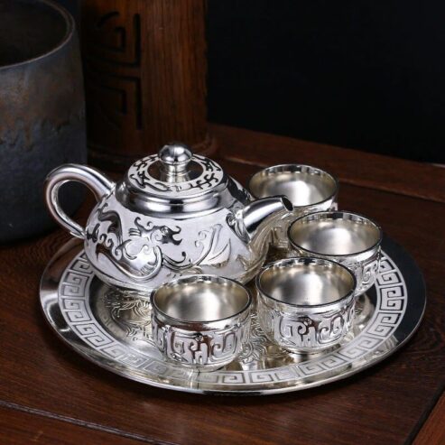 999 Sterling Silver Dragon Totem Tea Set & Wine Tray