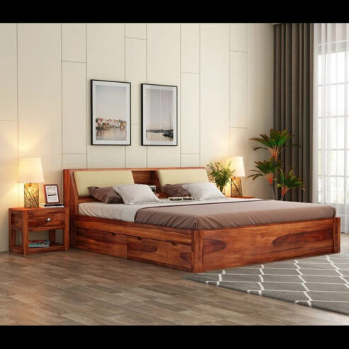 Buy Walken Sheesham Wood Designer Bed with Full Drawer Storage Online (Queen Size, Honey Finish)