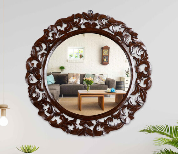 Buy Brown Hand Crafted Wooden Round Wall Mirror Online in India From Wooden Street