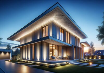 DALL·E-2024-03-21-14.39.04-Visualize-a-modern-residential-home-at-dusk-emphasizing-the-architectural-details-with-a-focus-on-the-soffit-panels-under-the-roof-overhangs.-These-p
