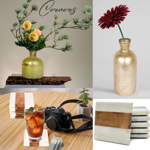 Buy Glass Flower Vase and Marble Coasters for Center Table